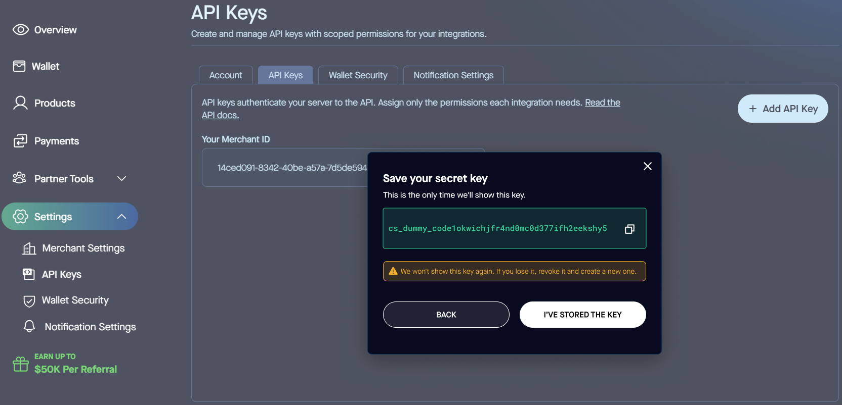 Managing API keys in Settings