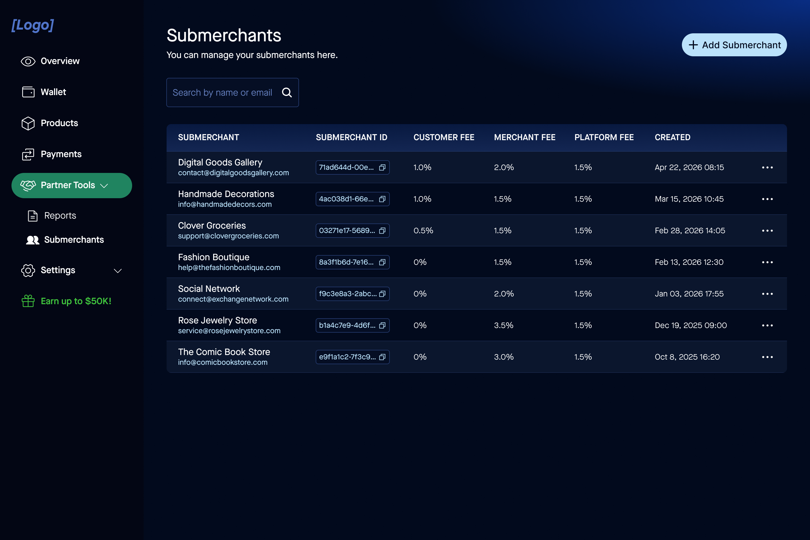 Adding a sub-merchant in Partner Tools